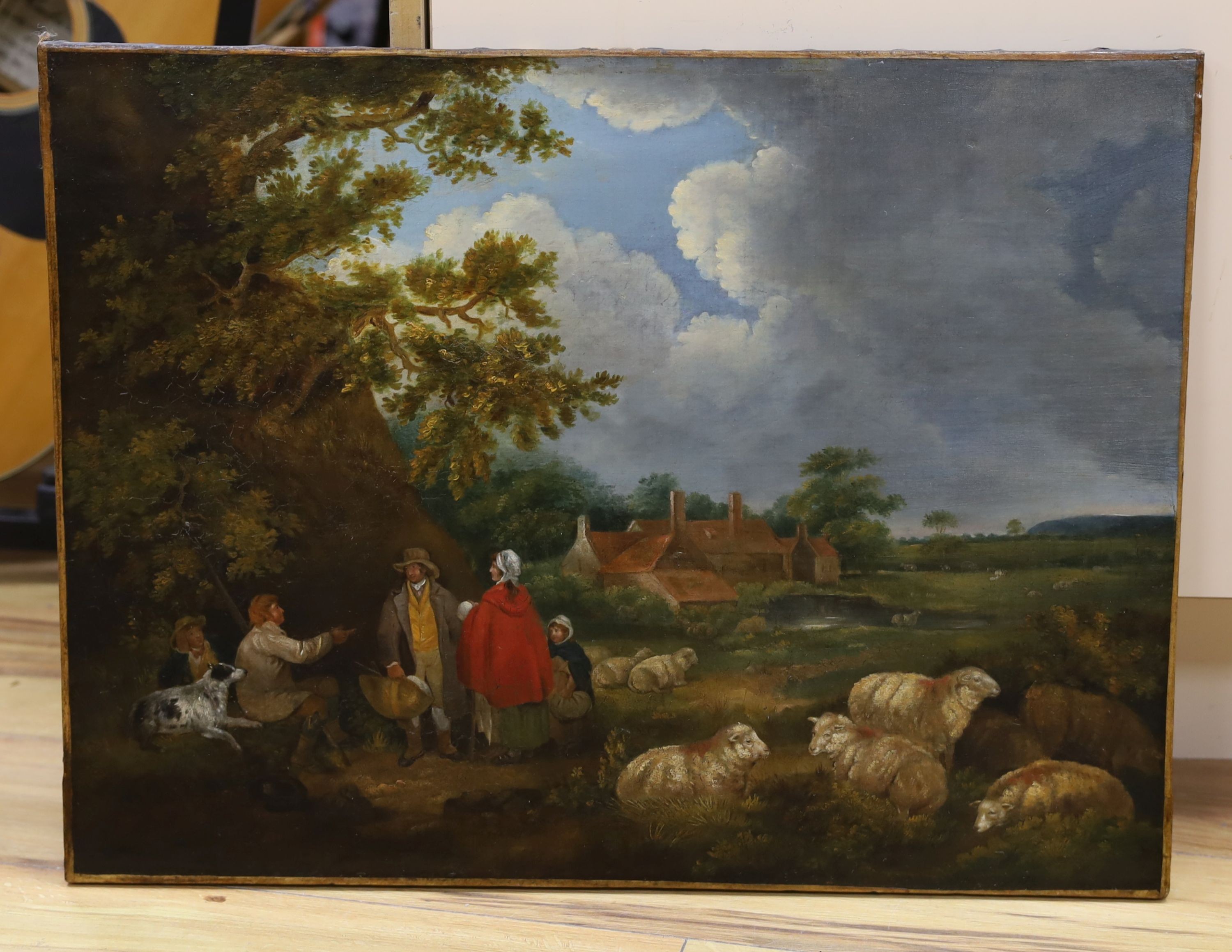 After Morland, oil on canvas, Travellers and shepherd in a landscape, 45 x 61cm, unframed